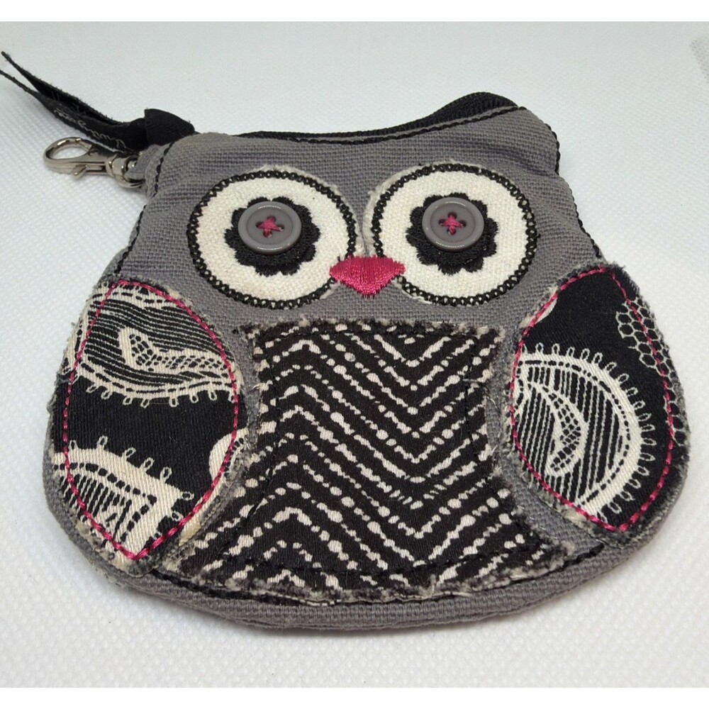 Thirty-One Icon Owl Coin Purse Gray Black Paisley Patchwork Retired Zip Pouch